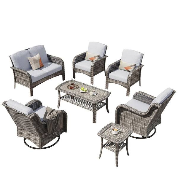 Mejy Gray 7-Piece Wicker Patio Conversation Set with Gray Cushions and Swivel Chairs