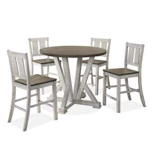 Rhysdee 5-Piece Round Light Gray and White Wood Top Counter Height Dining Table Set