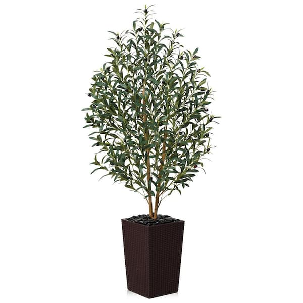 DR.Planzen 5 ft. Artificial Olive Tree Indoor/Outdoor Coffee Planter,Real Wood Trunk,Faux Plants for Home Office Living Room Decor