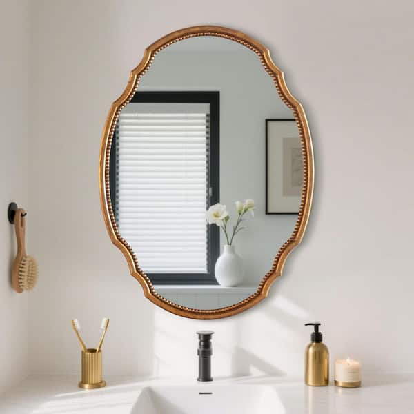 Elevatehome 24 in. W x 32 in. H Irregular Antique Gold Framed Vintage Art Deco Wall Decorative Mirror with Beaded Accent, Entry Way