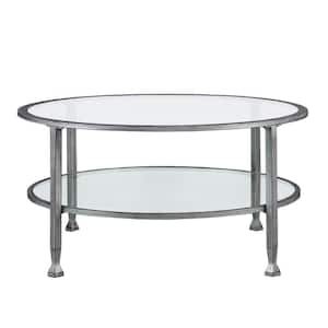 Galena 36 in. Metallic Silver Medium Round Glass Coffee Table with Shelf