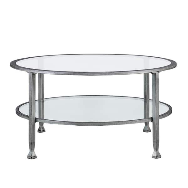 Southern Enterprises Galena 36 in. Metallic Silver Medium Round Glass Coffee Table with Shelf