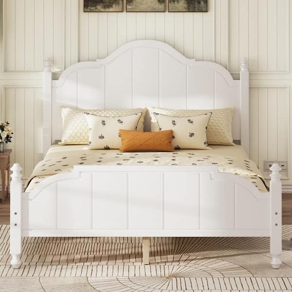 White Wood Frame Queen Upholstered Platform Bed with Headboard and Slats Support
