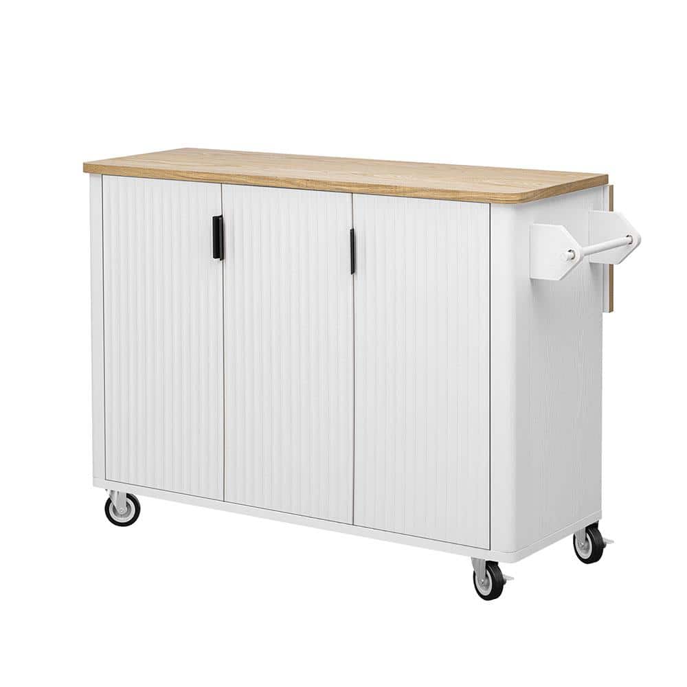 White Solid Pine Wood 51 in. Kitchen Island, Rolling Kitchen Cart with Drop