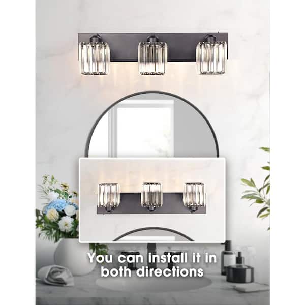24 in. 3-Light Black Square Crystal Bathroom Integrated LED Vanity Light Fixture with 3CCT Function