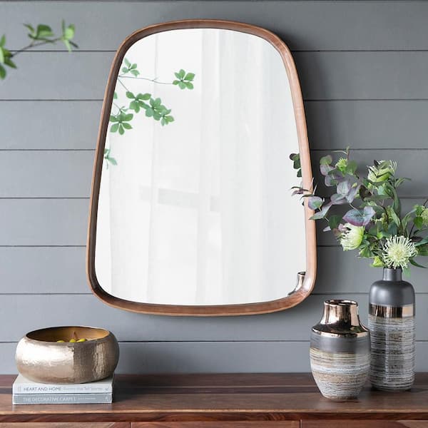 Brown 27 in. W x 37.4 in. H Farmhose Irregular Wood Framed Mirror Wall Mirror Wall Decor Mirror
