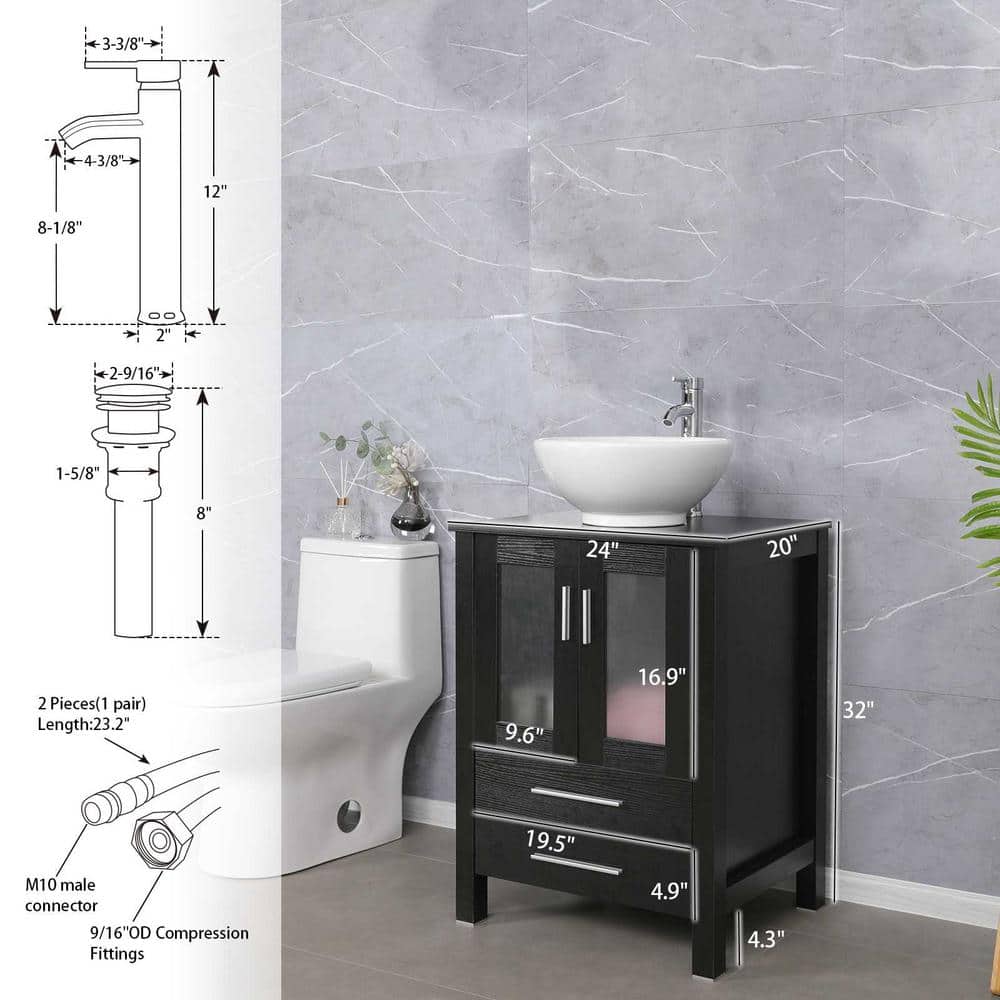 24'' Black MDF Bathroom Vanity Set with White Ceramic Vessel Sink