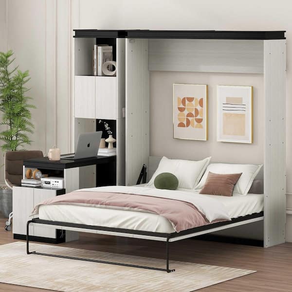 Black White Wood Frame Full Size Murphy Bed with Desk and Storage Shelves and Cabinets