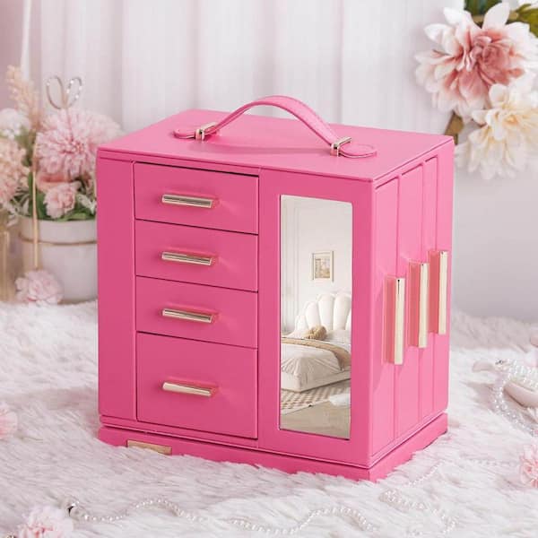 Pink 8.6 in. x 9.2 in. Polyurethane Modern Jewelry Box with 7