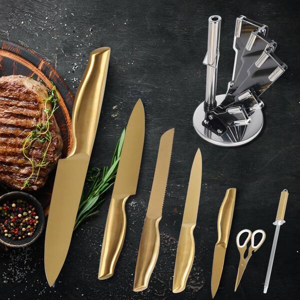 8-Piece Gold Titanium-Coated Stainless Steel Knife Block Set with