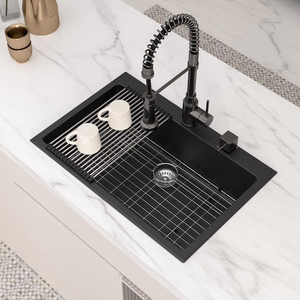 Logmey 33 in. Drop-In Single Bowl Black Granite/Quartz