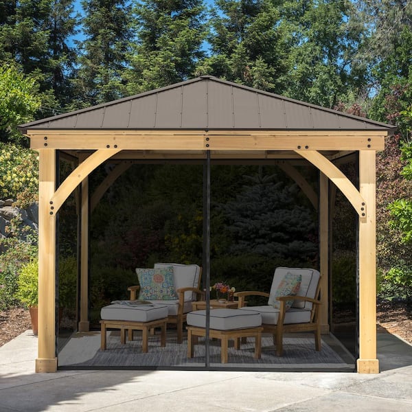 Meridian 10 ft. x 10 ft. Premium Cedar Shade Gazebo with Coffee Brown Aluminum Roof and UV resistant Phifer Mesh Kit