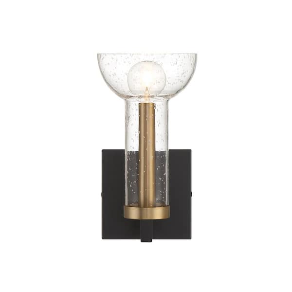 Designers Fountain - Nova 5 in. 1-Light Matte Black Modern Wall Sconce with Clear Seedy Glass Shade and Brushed Gold Accent