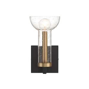 Nova 5 in. 1-Light Matte Black Modern Wall Sconce with Clear Seedy Glass Shade and Brushed Gold Accent