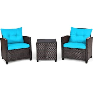 3-Piece Wicker Rattan Patio Conversation Set with Turquoise Washable Cushion