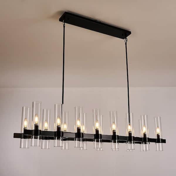 16-Light Black Chandelier, 54 in. Modern Farmhouse Linear Chandelier, Luxury Ceiling Pendant Light for Dining Room