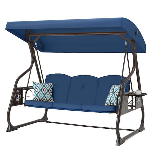 3-Seat Metal Patio Swing Outdoor Chair Bed with Adjustable Backrest Canopy Cushion Pillow and Cup Holder(Blue)