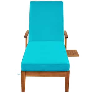 Acacia Wood Outdoor Chaise Lounge with Blue Cushion, Wheels & Sliding Cup Table Backyard, Garden Patio Reclining Daybed