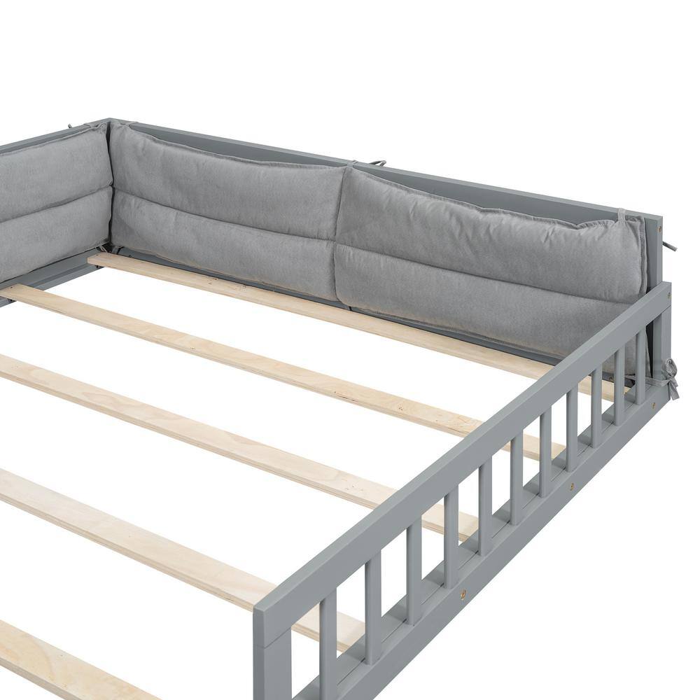 Gray Wood Frame Full Size Platform Bed with Pillows and Guardrails - thumbnail 7