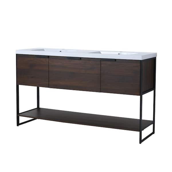 Unbranded 59.1 in. W x 18.25 in. D x 34.3 in. H in Dark Brown Bathroom Vanity with Cultured Marble Basin Top