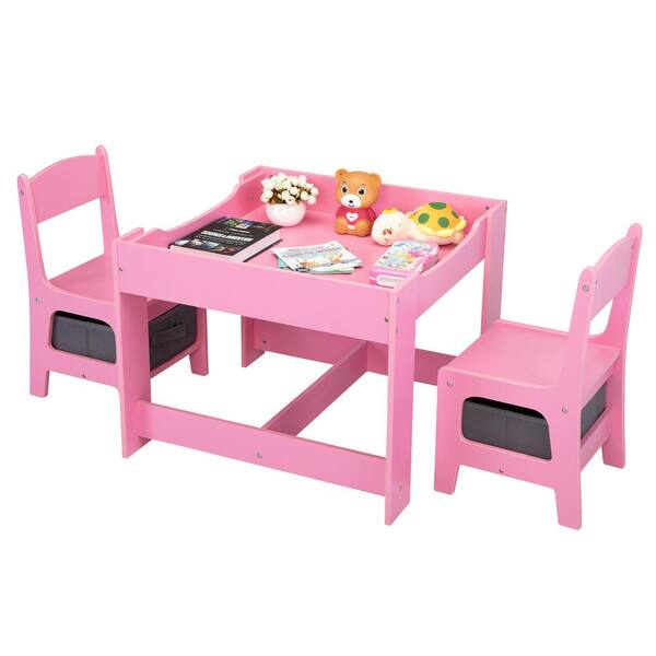 Nyeekoy 3 in 1 Kids Table and Chair Set Wooden Activity Table with Drawers, Pink
