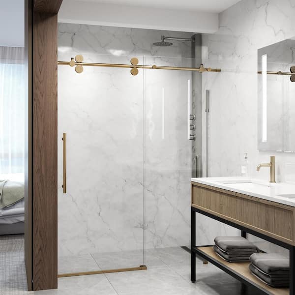 VIGO Elan 56 to 60 in. W x 74 in. H Frameless Sliding Shower Door with Laminated Glass and Handle in Matte Brushed Gold