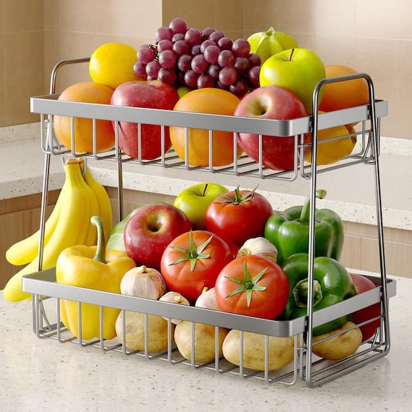 2 Piece Dual-Tier, Space-Saving Kitchen Fruit Basket Set, Removable Banana Hanger, Smooth Stainless Steel Frame, Silver