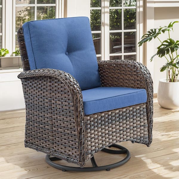 Brown Swivel Wicker Outdoor Rocking Chair with Blue Cushion and Glide Function (1-Pack)