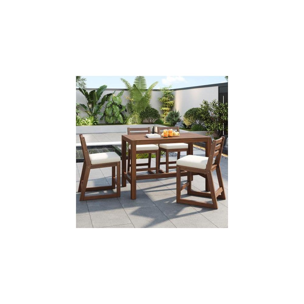 5-Piece Acacia Wood Outdoor Dining Conversation Patio Furniture Set with Beige Cushions