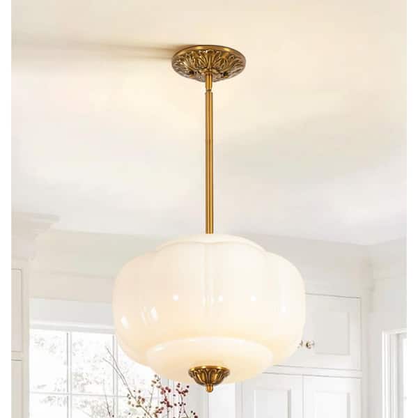 Amirah 1-Light French Country Brass Drum Pendant Light with White Pumpkin Glass Shade