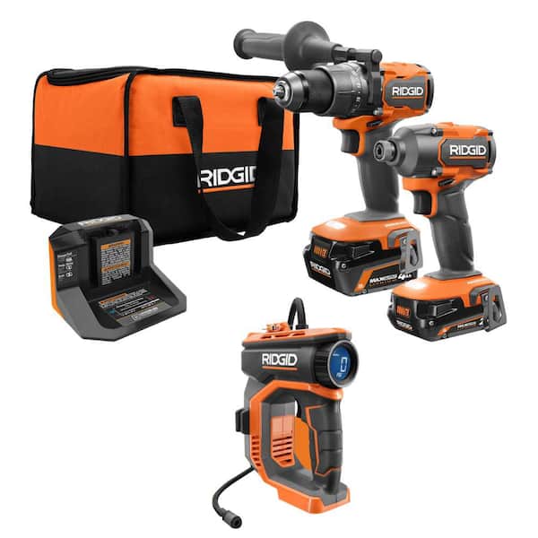 RIDGID 18V Brushless Cordless 3-Tool Combo Kit w/ Hammer Drill, Impact Driver, Digital Inflator, Batteries, Charger & Bag