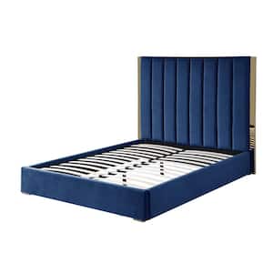 Jalen Blue Velvet Queen Platform Bed with Gold Accents