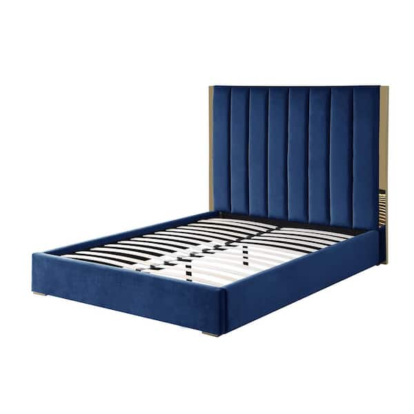 Best Master Furniture Jalen Blue Velvet Queen Platform Bed with Gold Accents