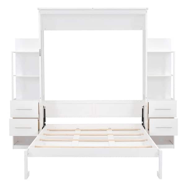 White Wood Frame Queen Size Murphy Bed, Wall Bed with Shelves, 4-Drawer and LED Lights