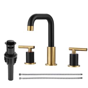 8 in. Widespread Double-Handle High-Arc Bathroom Sink Faucet with Drain Kit in Black and Gold
