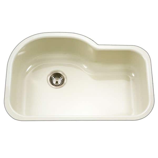 HOUZER Porcela Series Undermount Porcelain Enamel Steel 31 in. Offset Single Bowl Kitchen Sink in Biscuit