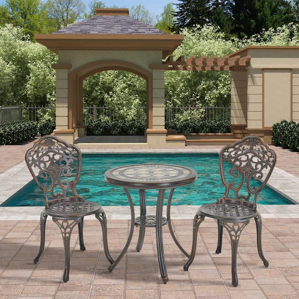 Mondawe 3-Piece Antique Bronze Cast Aluminum Outdoor Bistro Set with Round Ceramic Tiles Tabletop Table and 2-Armless Chairs