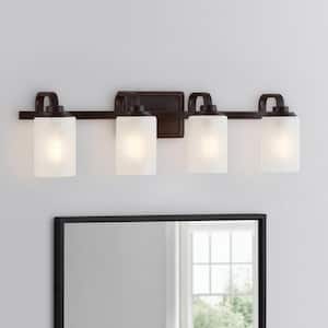 Hartford Lake 29 in. 4-Light Oil Rubbed Bronze Rustic Farmhouse Bathroom Vanity Light with Linen Glass Shades