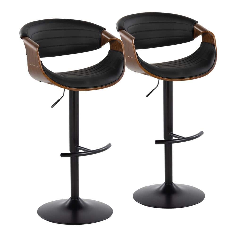Symphony Adjustable Black Leather and Walnut Wood Swivel Barstool