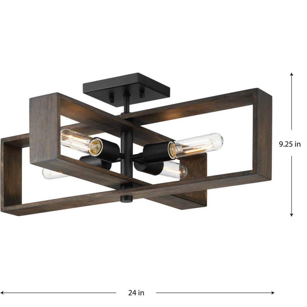 Matte Black and Wood 4-Light Flush Mount Ceiling Fixture