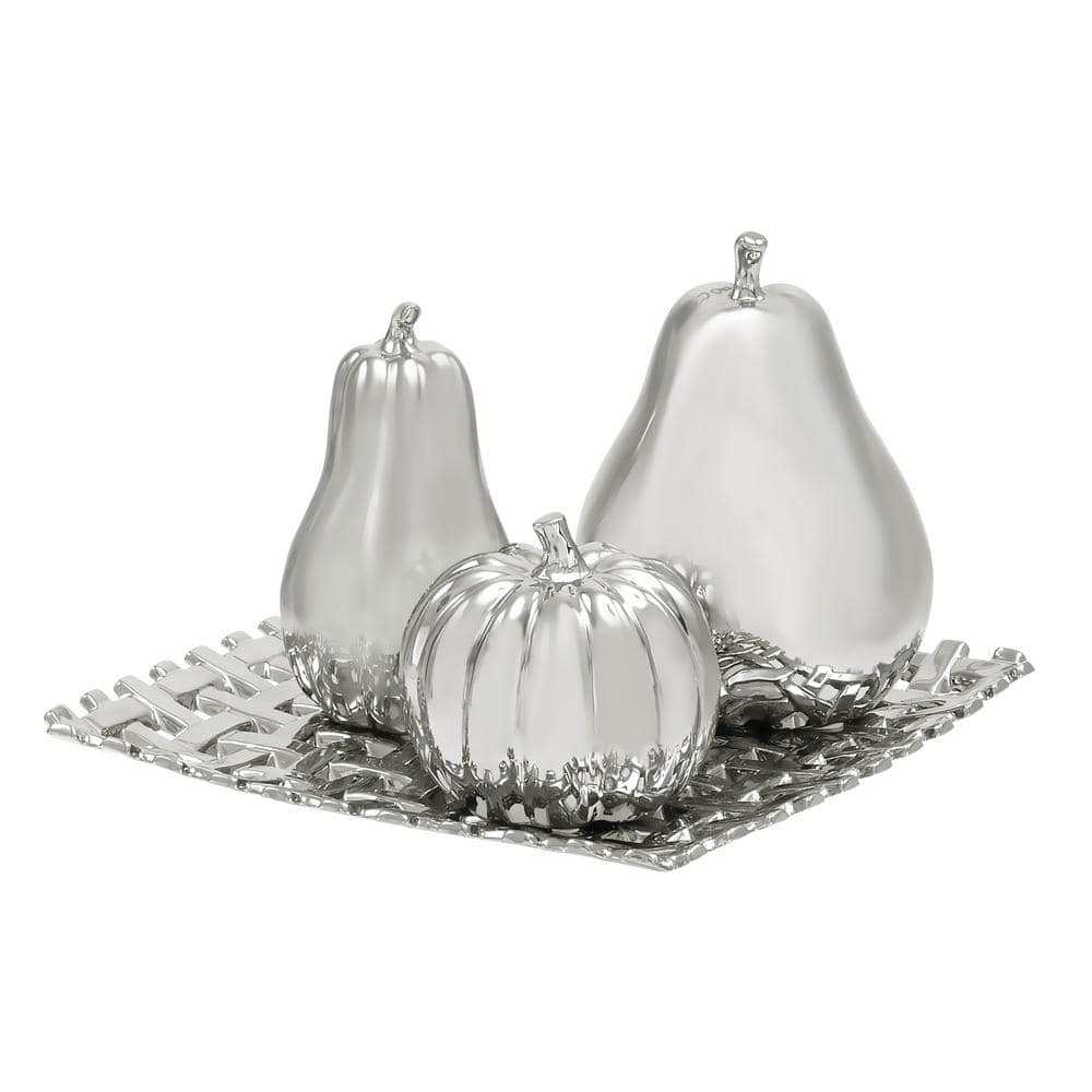 Silver Ceramic Fall Fruit Sculpture Set with Decorative Grid Plate