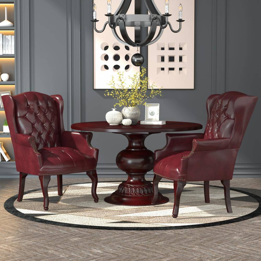 Burgundy Faux Leather High Back Reception Chair with Wood Frame