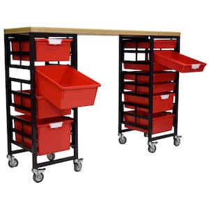 Mobile Workbench Storage Station With Wood Top -11 StorSystem Trays-Red