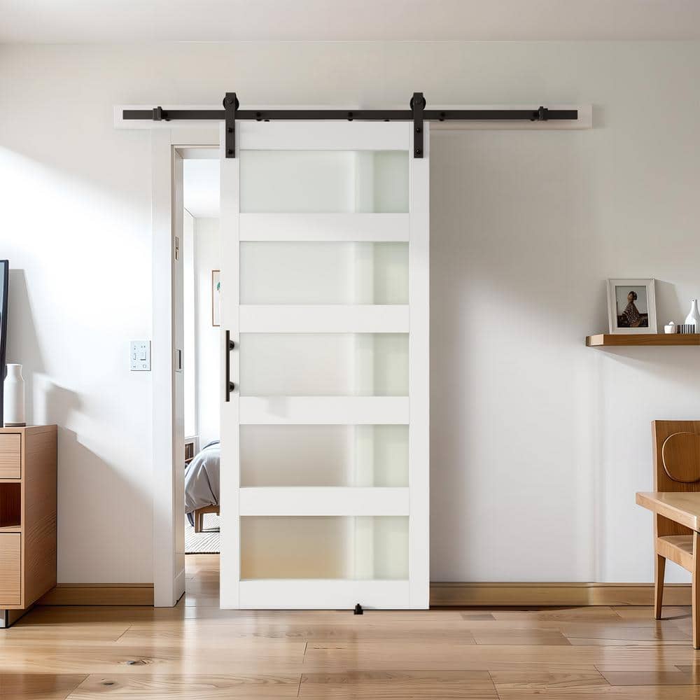 White Frosted Glass Paneled MDF Barn Door Kit with Matte Black Hardware