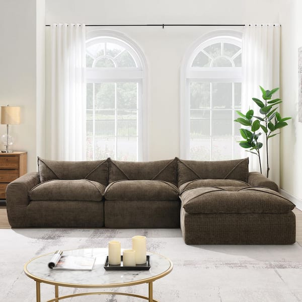 116 in. Square Arm Chenille Sofa in Brown with High Density Foam
