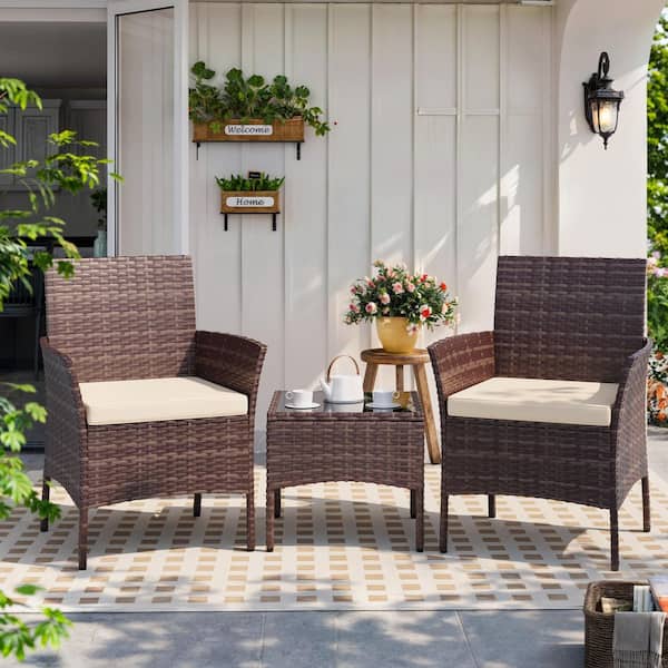 3-Piece Outdoor Brown Wicker Patio Set with Beige Cushions-Compact Seating for Balcony, Porch, or Small Patio