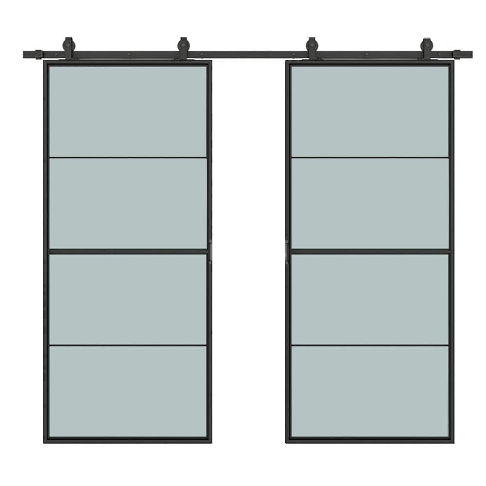 CALHOME 72 in. x 84 in. Frosted Glass Black Steel Frame Interior Double