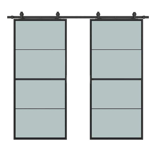 CALHOME 72 in. x 84 in. Frosted Glass Black Steel Frame Interior Double Sliding Barn Door with Hardware Kit and Door Handle