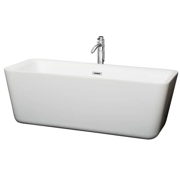 Wyndham Collection Emily 68.88 in. Acrylic Flatbottom Center Drain Soaking Tub in White with Floor Mounted Faucet in Chrome