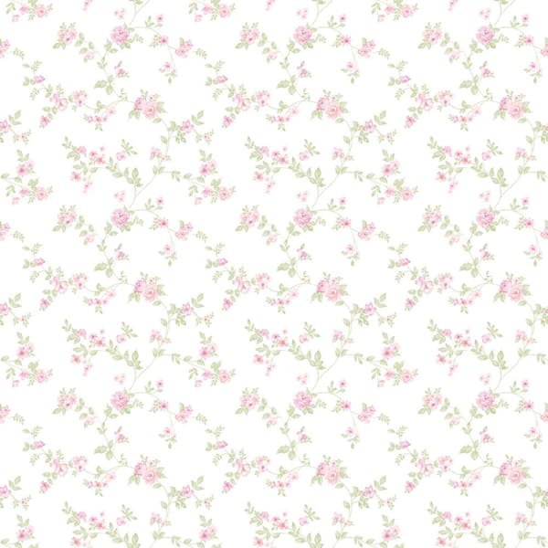 Delicate Floral Trail Pink/Green on White Matte Finish Non-Woven Non-Pasted Wallpaper Sample